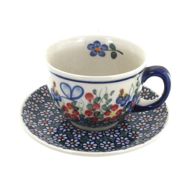 Blue Rose Polish Pottery 33 Vena Cup & Saucer - Garden Butterfly