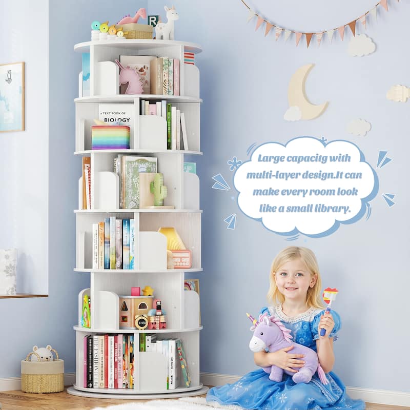 4/5/6 Tiers Round Rotating Bookcase, Revolving Floor Standing Bookshelf Corner Organizer Display