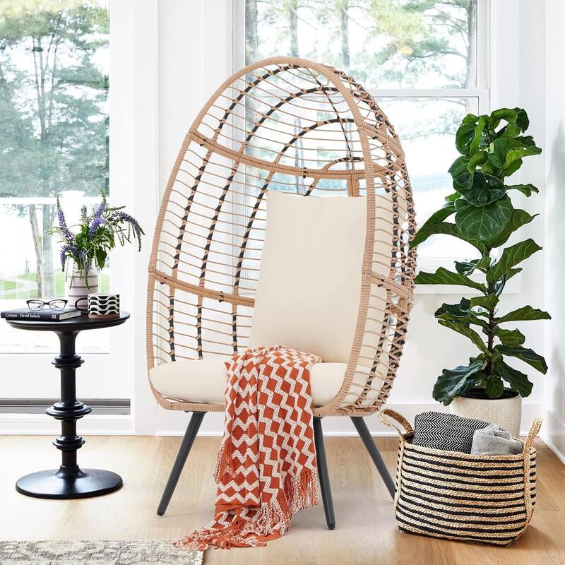 Egg Chair Outdoor, Patio Rotating Basket Chair, All-Weather Wicker Egg Lounger Chair for Outside Indoor