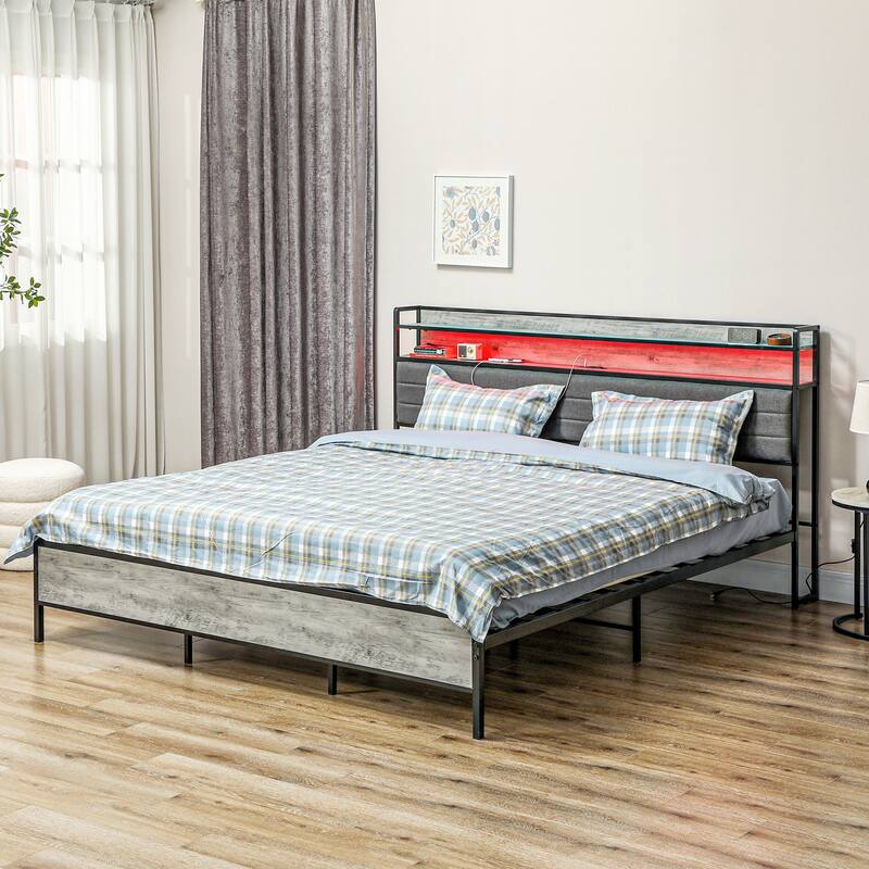 King Size Bed Frame with LED Lights, Charging Station, Upholstered Headboard and Under-Bed Storage, No Box Spring Needed