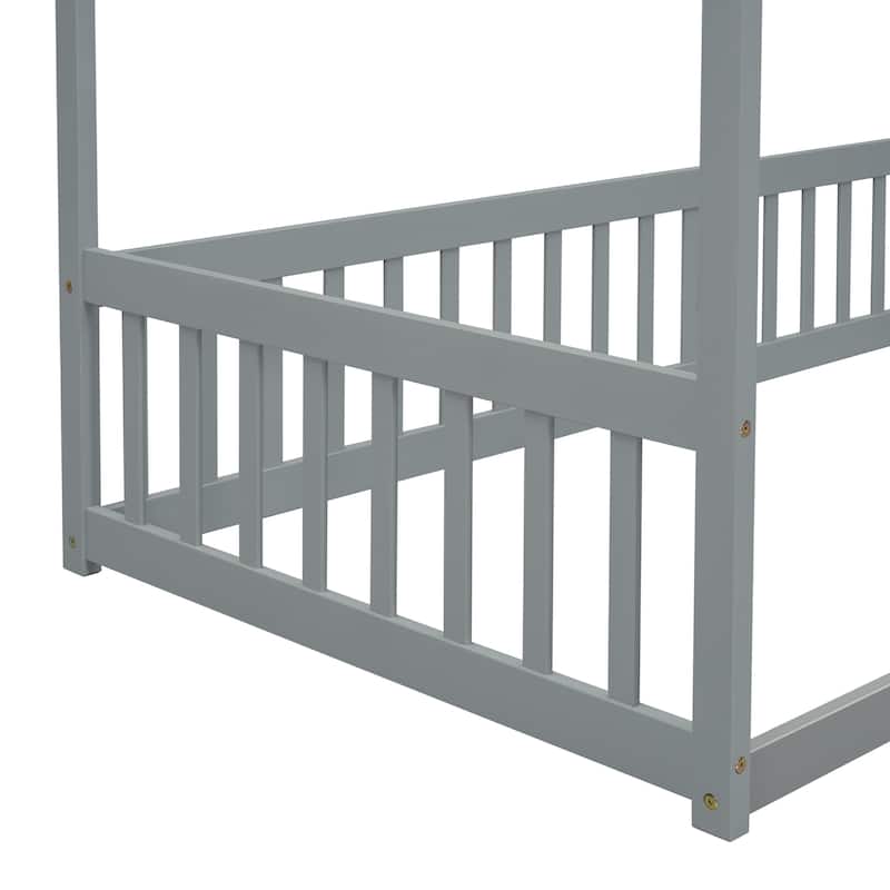 Wood Canopy Frame Floor Bed with Fence,Guardrails