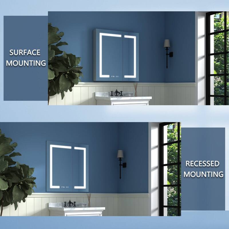 Aluminum Surface/Recessed Mount LED Medicine Cabinet with Mirror, Outlet and Shelves