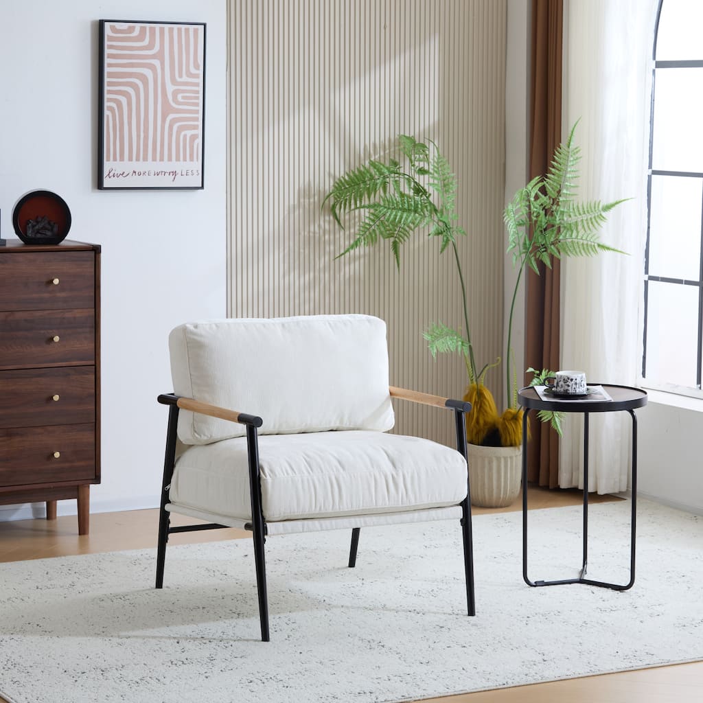 Roomfitters 27.56" Modern Accent Chair with Plush Cushions, Metal Frame and Wooden Armrest Design