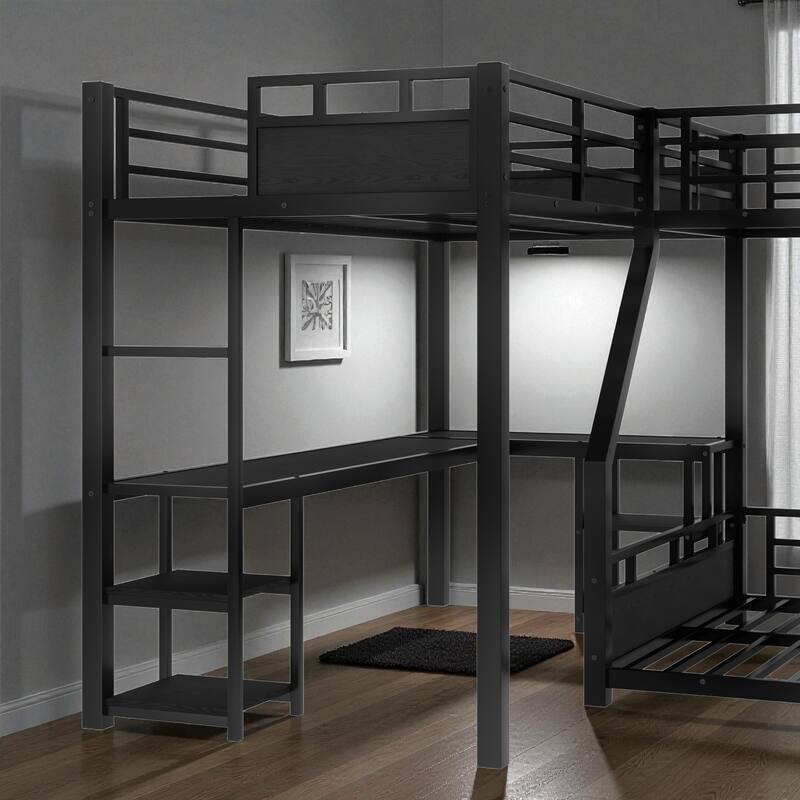 Metal Triple Bunk Bed with L-Shaped Desk, Storage Shelves & Slide, Twin/Twin XL over Full/Queen Space-Saving Loft Design
