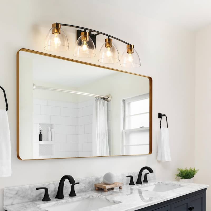 Modern Farmhouse 4-Light Black Gold Bathroom Vanity Lights Glass Wall Sconces - D32.3" x H8.6"