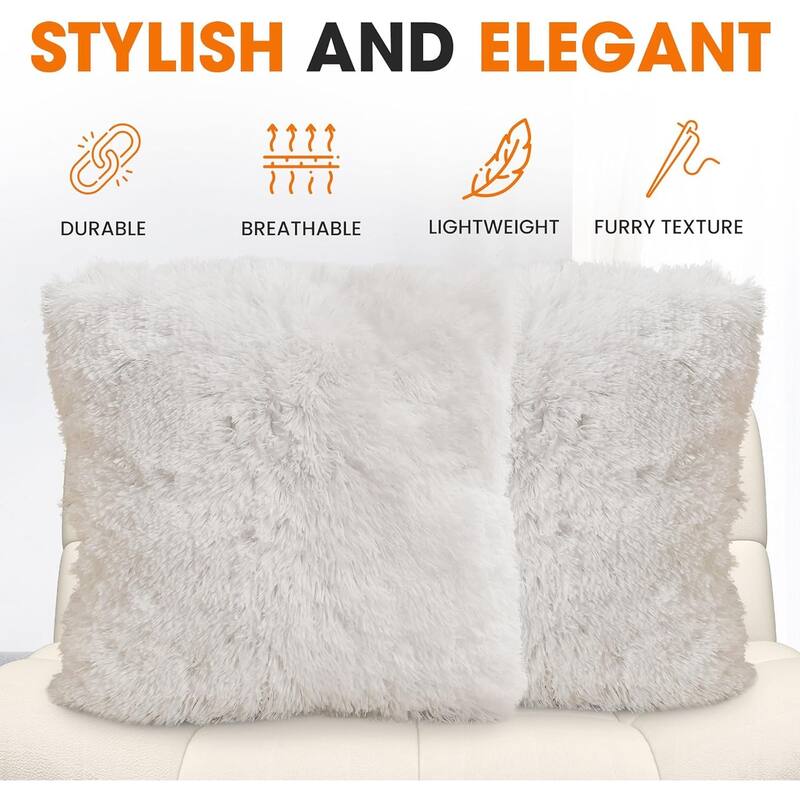 Cheer Collection Super Soft Shaggy Long Hair Throw Pillows Set of 2 Plush Accent Cushions