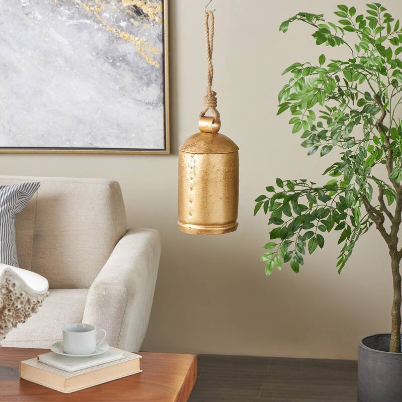 Gold Metal Indoor Outdoor Decorative Bell with Jute Hanging Rope