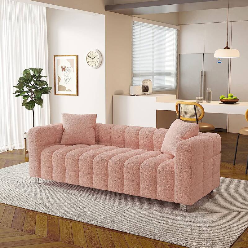 Modern Bubble Upholstered Couch Sofa with Metal Base Legs and 2 Pillows for Living Room and Guest Room