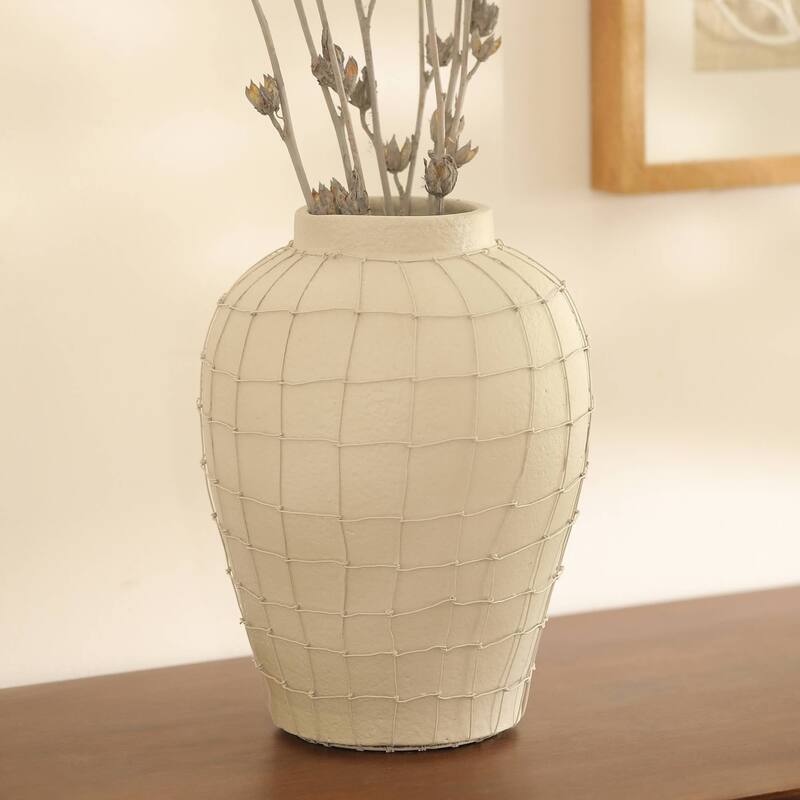 Handmade Off-White Terracotta Vase with Wireframe - 9.75x9.75x12 Inch Table Accent