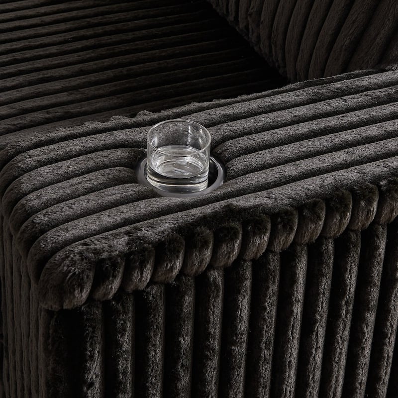 110" Oversized L-Shaped Corduroy Corner Sofa with Two USB Ports and Two Cup-holder