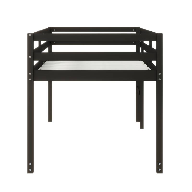 Black Twin Loft Bed with Ladder, Strengthened Slats, Rubber Wood and Plywood