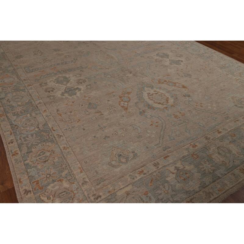 Beige Floral Oushak Turkish Area Rug Hand-Knotted Wool Carpet - 9'0"x 11'9"