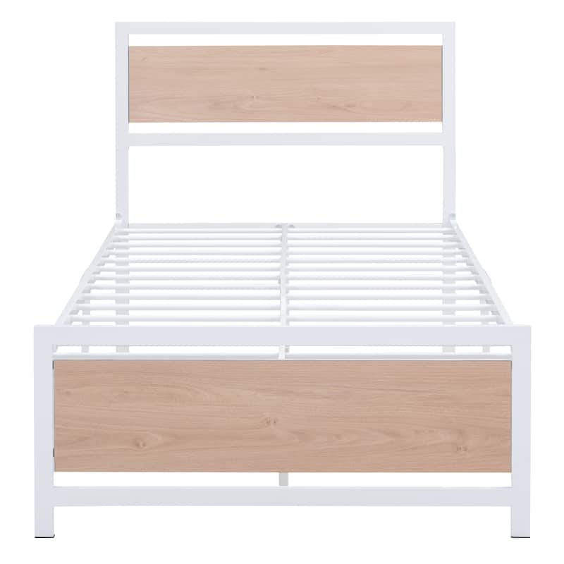 Roomfitters Twin Size Platform Bed, Metal and Wood Bed Frame with Headboard and Footboard