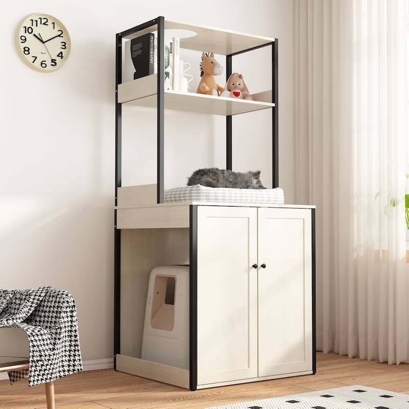 Modern Multipurpose Cat Litter Box Furniture Cabinet,2 Wood Frame.