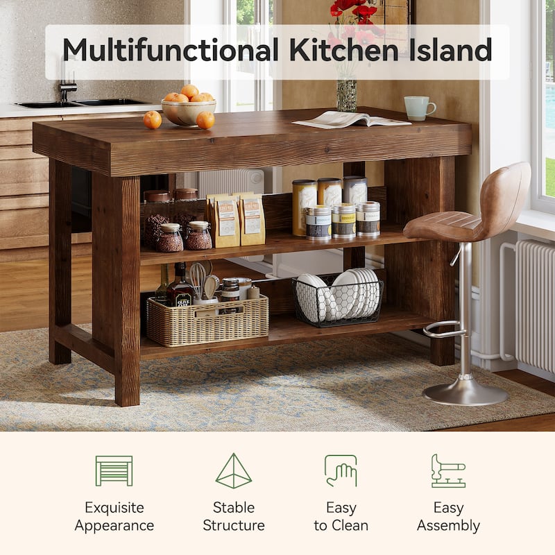 Solid Wood Kitchen Island, Open Storage Counter Height Table, Kitchen Dining/Living Room Coffee Bar Accent Island
