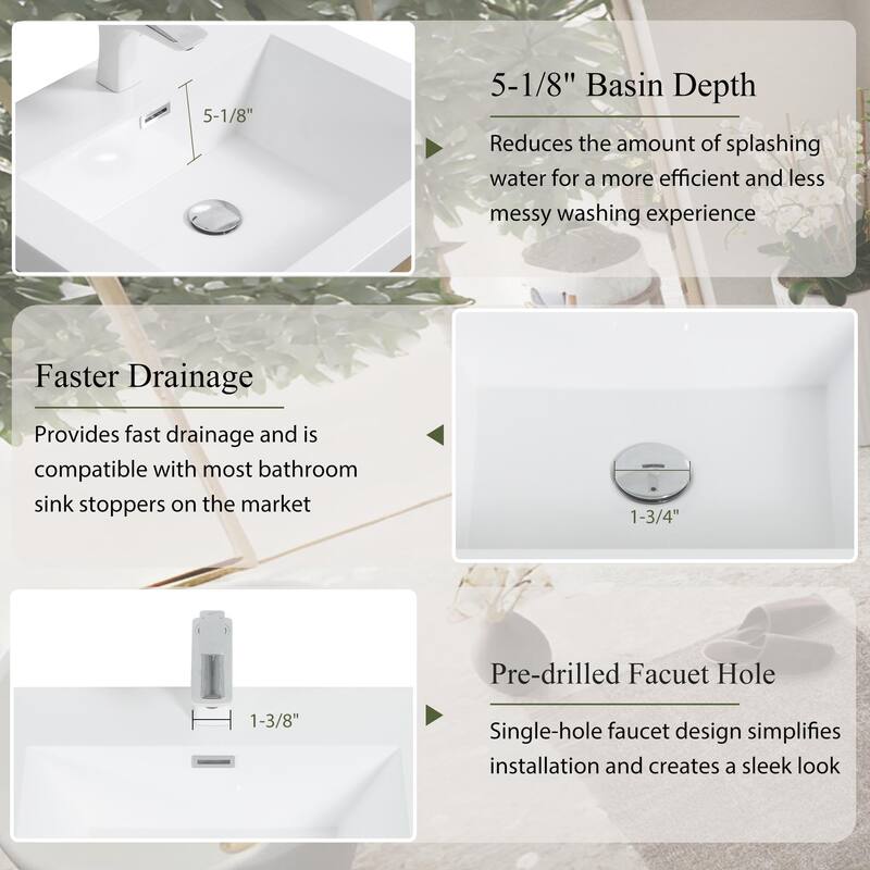 24'' Freestanding Bathroom Vanity with White Stone Resin Top - 23.62'' x 19.69'' x 35.43''