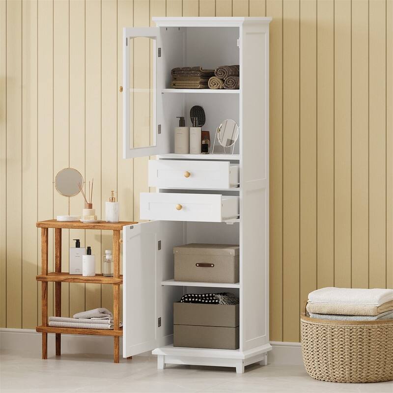 Freestanding Bathroom Cabinet with Glass Door and 2 Storage Drawers, Tall Storage Cabinet Floor Cabinet with Adjustable Shelves - White