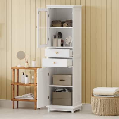 Tall Bathroom Storage Cabinet with Glass Door, Free-Standing Bathroom Floor Cabinet with 2 Storage Drawers & Adjustable Shelves