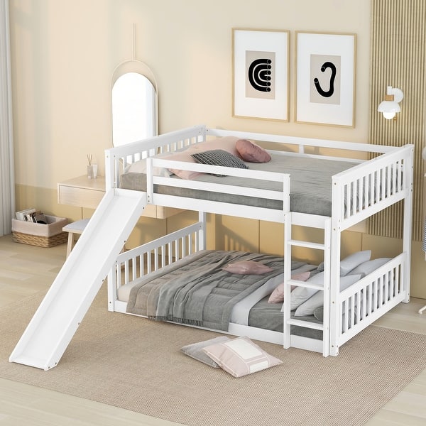 slide 2 of 17, Full Over Full Bunk Bed with Ladder & Slide, Wooden Montessori Floor Bunk Bed Frame with Safety Guardrail, for Kids Girls Boys White - Full