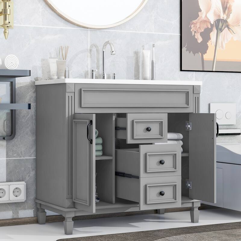 36'' Bathroom Vanity with Top Sink, Freestanding Vanity Set with Mirror Cabinet