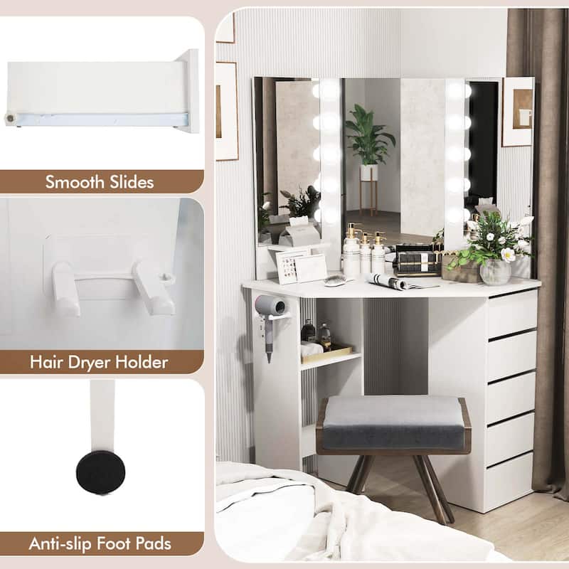 Costway Corner Vanity Desk Cosmetic Vanity Station with LED Mirror,& - See Details