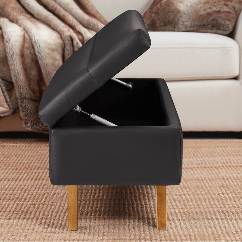 VECELO Black PU Leather Storage Bench 2 Styles with 4-Leg/Angled Legs Multifunctional Ottoman with Hinged Lid for Bedroom