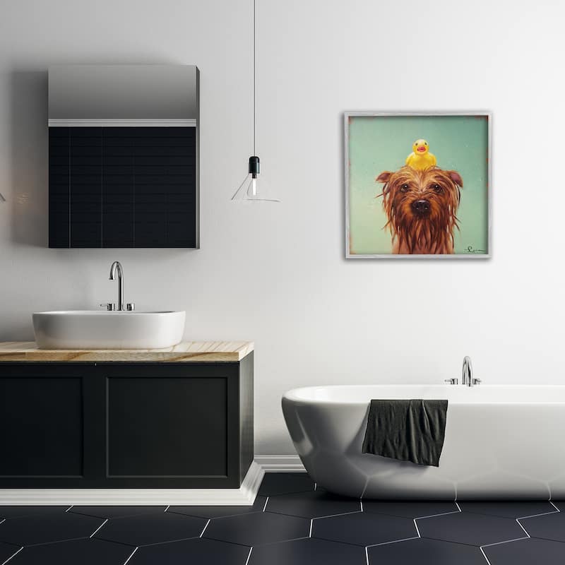 Stupell Wet Dog with a Rubber Ducky Turquoise Bath Framed Wall Art, 12x12, Proudly Made in USA