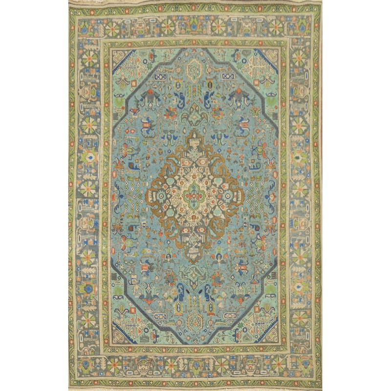 Hand Knotted Oriental 100% Wool Carpet Traditional Floral Navy Blue & Blues Tabriz Area Rug - 9' 5'' X 6' 5''