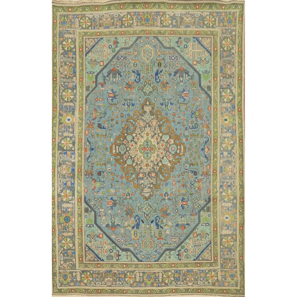 Hand Knotted Oriental 100% Wool Carpet Traditional Floral Navy Blue & Blues Tabriz Area Rug - 9' 5'' X 6' 5''