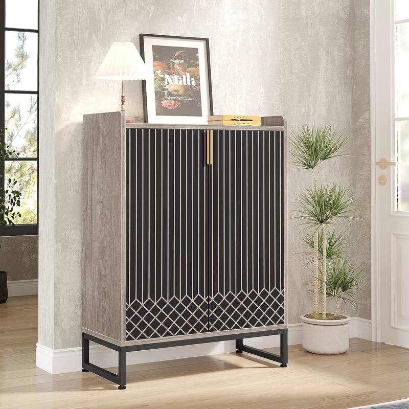 29" Grey & Black Shoe Cabinet with Doors, 5 Tiers