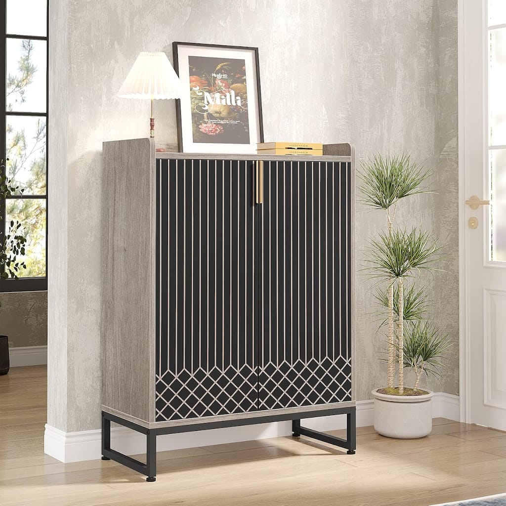 29" Grey & Black Shoe Cabinet with Doors, 5 Tiers