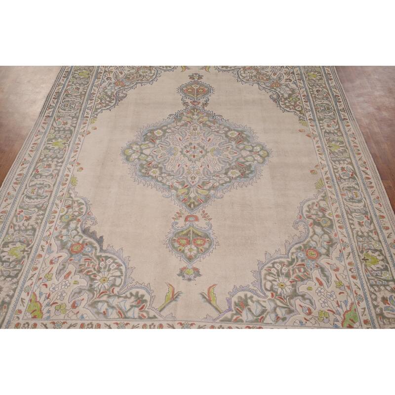 Beige Tabriz Persian Vintage Area Rug Hand-Knotted Wool Carpet - 8'8" x 10'8"