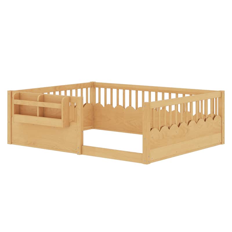 Montessori Floor Bed Kids Bed Frame with Heightened Fence and Bookshelf, Wavy Decoration Wood Platform Bed, No Slats Design
