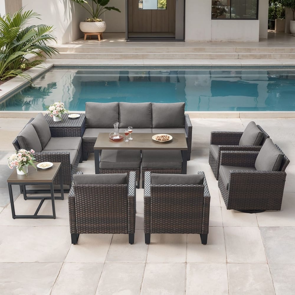 Gymojoy 9-11 Person Outdoor Courtyard Wicker Family Party Conversation Set Group With Swivel Chairs And 52" Table