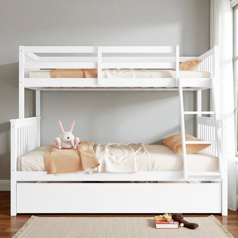 Twin Over Full Rubber Wood Bunk Bed with Twin Trundle, Convertible Ladder, Detachable Design, and Safety Guardrails - White - Full