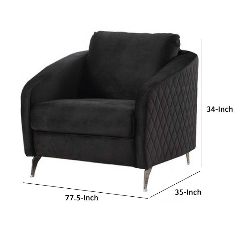 Hida 3 Piece Sofa, Loveseat, and Chair Set, Diamond Stitching, Black Velvet
