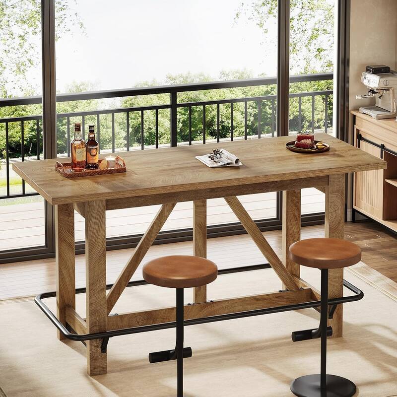 63-Inch Counter Height Bar Table, Home Pub Dining Table with Footrest