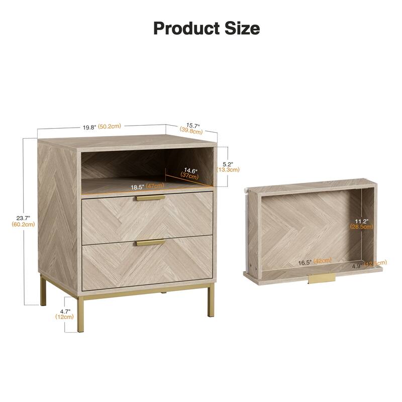 Anmytek Mid-Century 2 Drawer Nightstand Wood Grain Bedside Table Side Table with Open Shelf