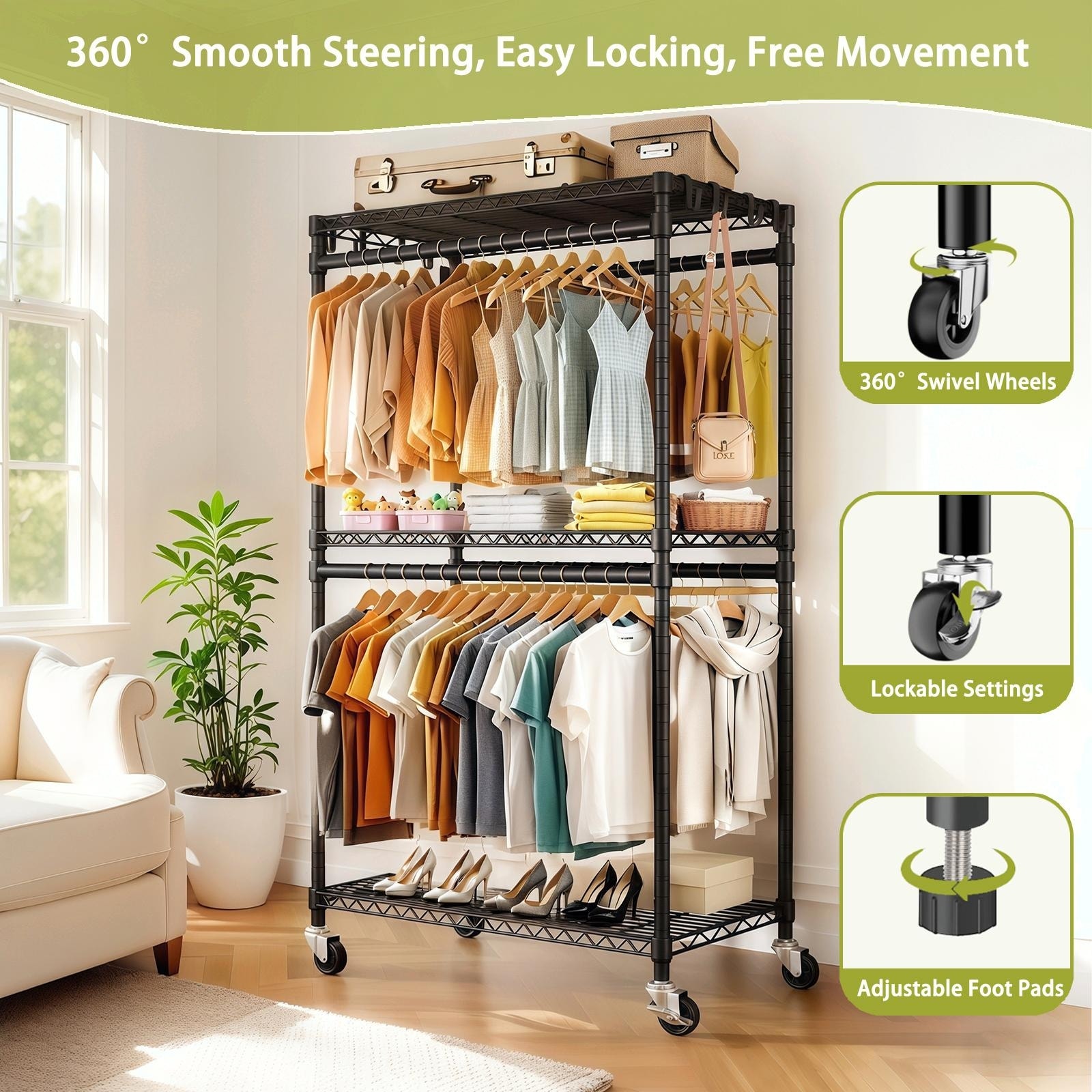3 Tiers Adjustable Wire Shelving Clothes Rack with 2 Clothes Rails