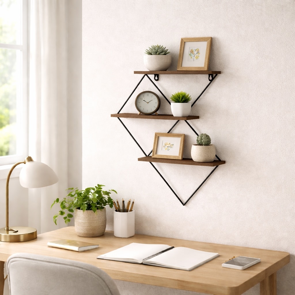 Metal Wood 3-tier Diamond Wall Shelf - Brown, 21" - 21.0"