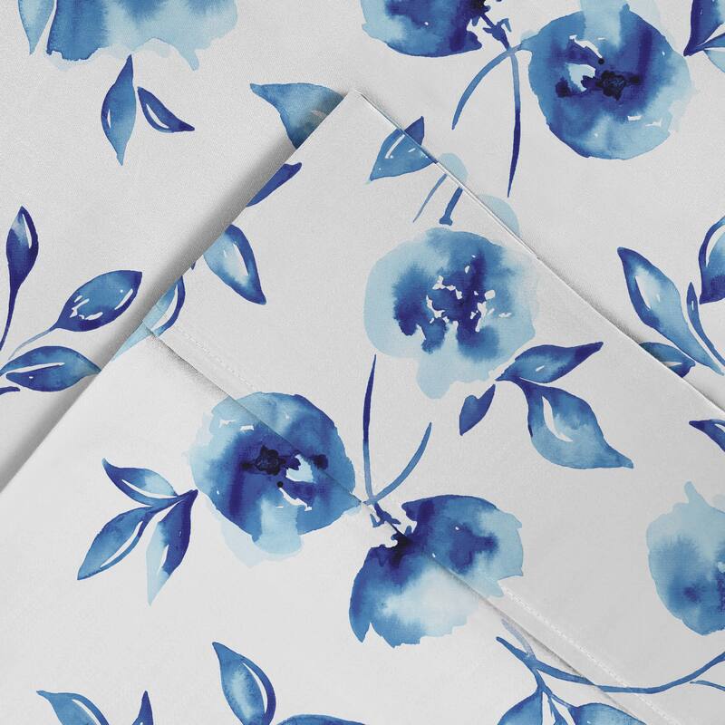 Pointehaven Combed Cotton Crisp Percale Printed 2 pc Pillow Cases - Standard Pillowcases - Water Petals White