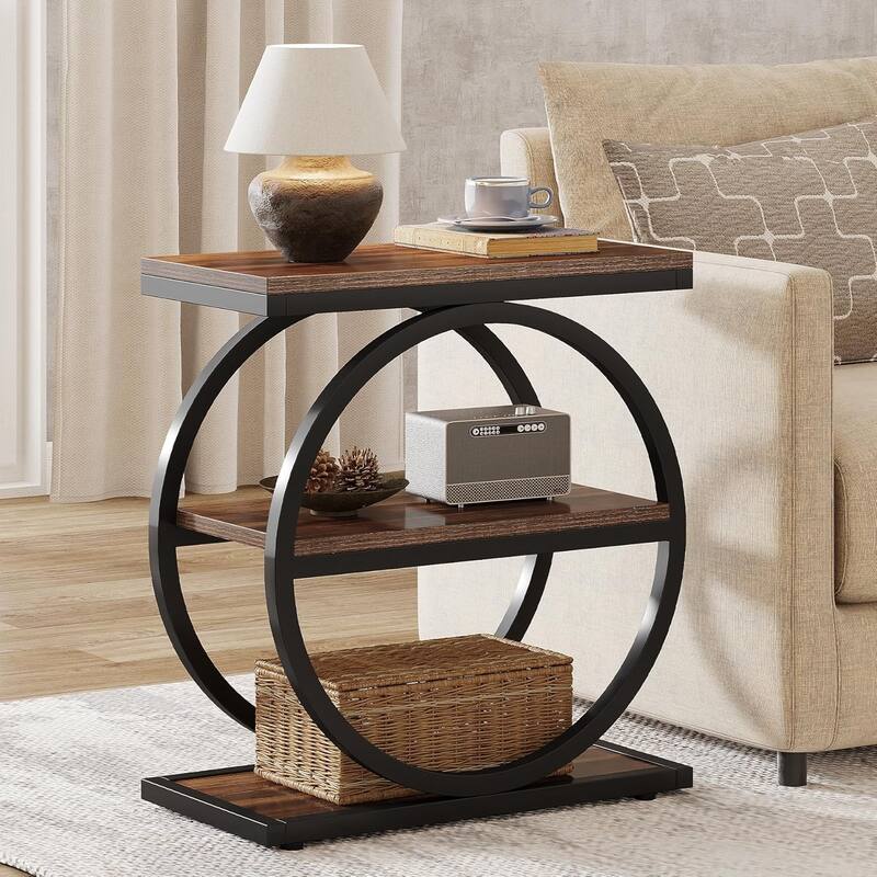 Industrial Narrow End Table with 3 Shelves - 23.6" Slim Side Table for Small Spaces, Dark Brown Wood & Black Metal Frame - Dark Brown