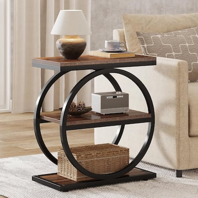 Industrial Narrow End Table with 3 Shelves - 23.6" Slim Side Table for Small Spaces, Dark Brown Wood & Black Metal Frame
