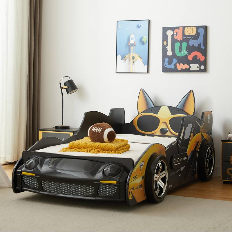 Twin Size Kids Bed Frame, Cool Cartoon Car Bed, Patrol Police Car Bed, Fire Truck Bed, Racing Car Bed for Toddler Floor Bed - Yellow Black Cool Cartoon Car Bed - Twin