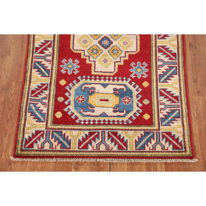 Red Geometric Kazak Foyer Rug Handmade Wool Carpet - 2'8" x 4'3"