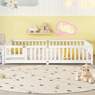 Queen Size Platform Bed Floor Bed with Safety Guardrails and Door for Kids
