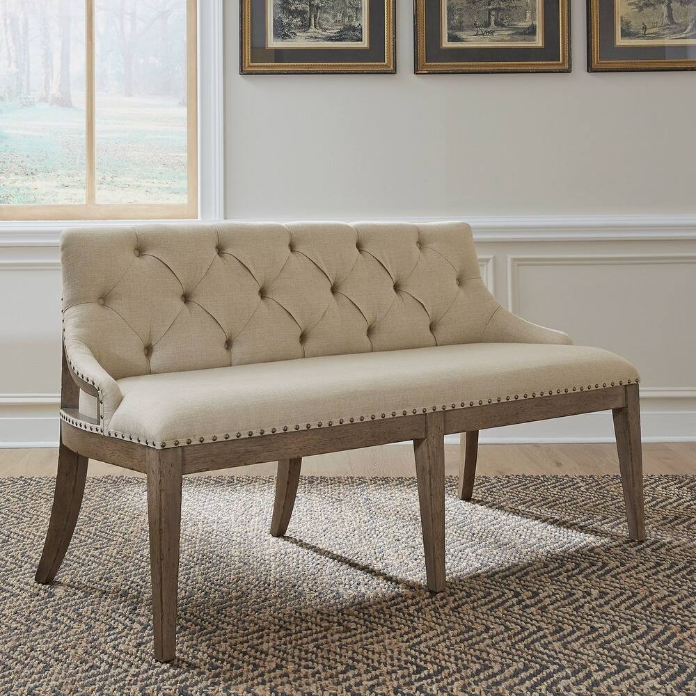 Americana Farmhouse Dusty Taupe Upholstered Shelter Dining Bench