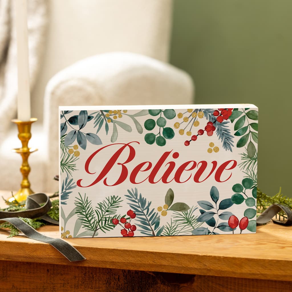 Festive Foliage Sign Wood Block - "Believe" - 12"x8" - Multicolor