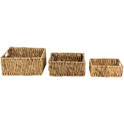 Set of 3 Brown Water Hyacinth Woven Storage Baskets With Built-in Handles 15.75" - 11.75