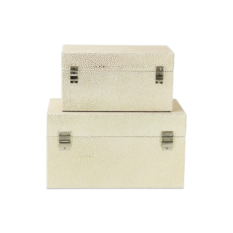 Set of 2 White Gold Rectangular Shagreen Storage Boxes 12"